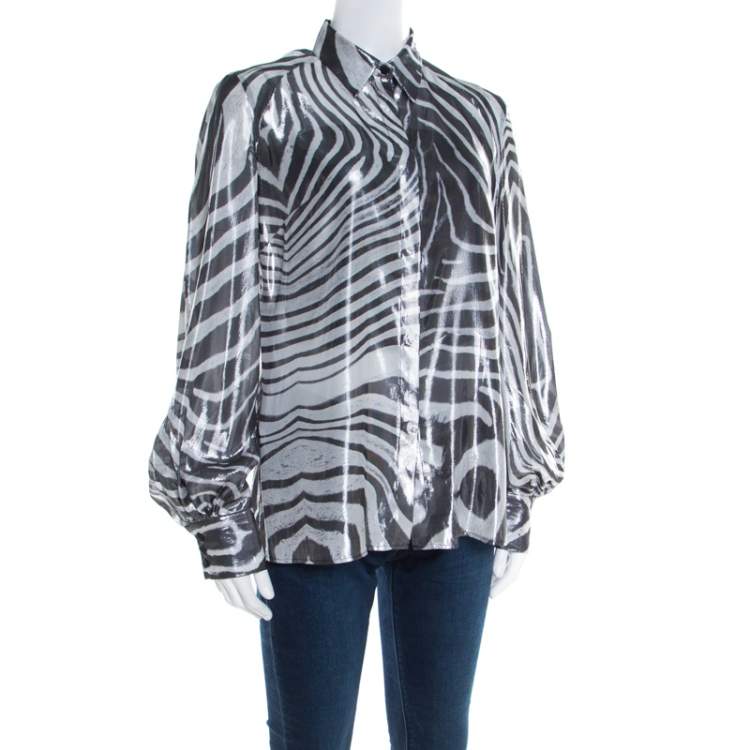 Pre Owned Just Cavalli Metallic Black and White Silk and Lurex Animal Print Shirt M