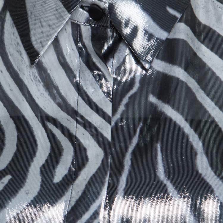 Pre Owned Just Cavalli Metallic Black and White Silk and Lurex Animal Print Shirt M