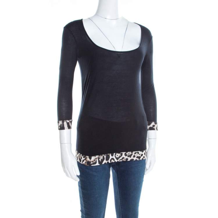 Pre Owned Just Cavalli Black Jersey Animal Printed Trim Scoop Neck T-Shirt S