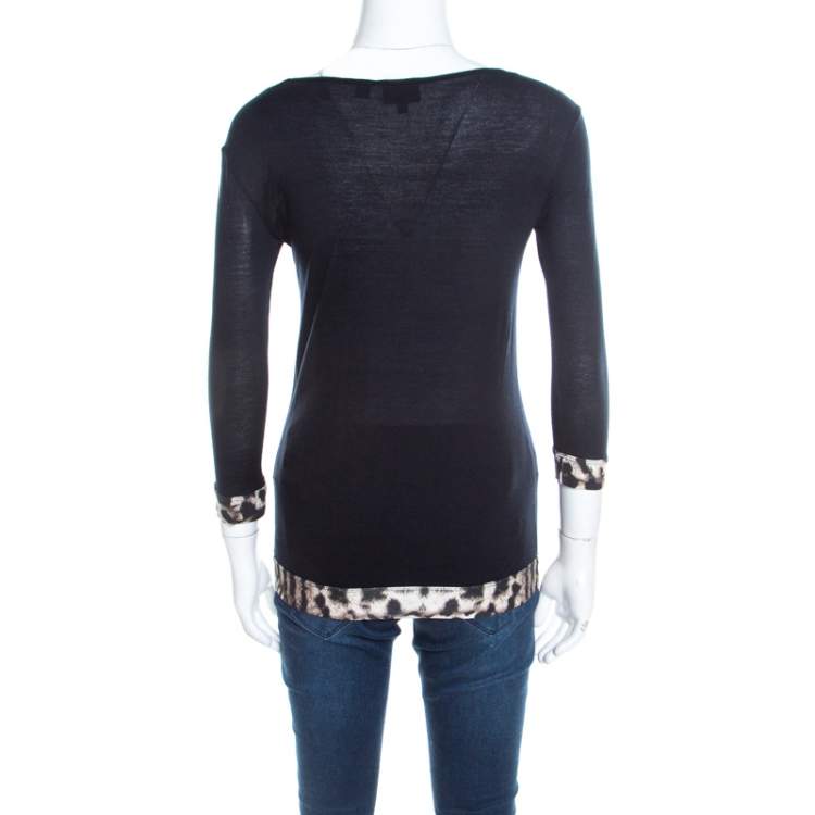 Pre Owned Just Cavalli Black Jersey Animal Printed Trim Scoop Neck T-Shirt S