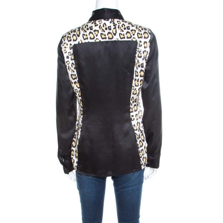 Pre Owned Just Cavalli Black Satin Animal Print Paneled  Long Sleeve Shirt M