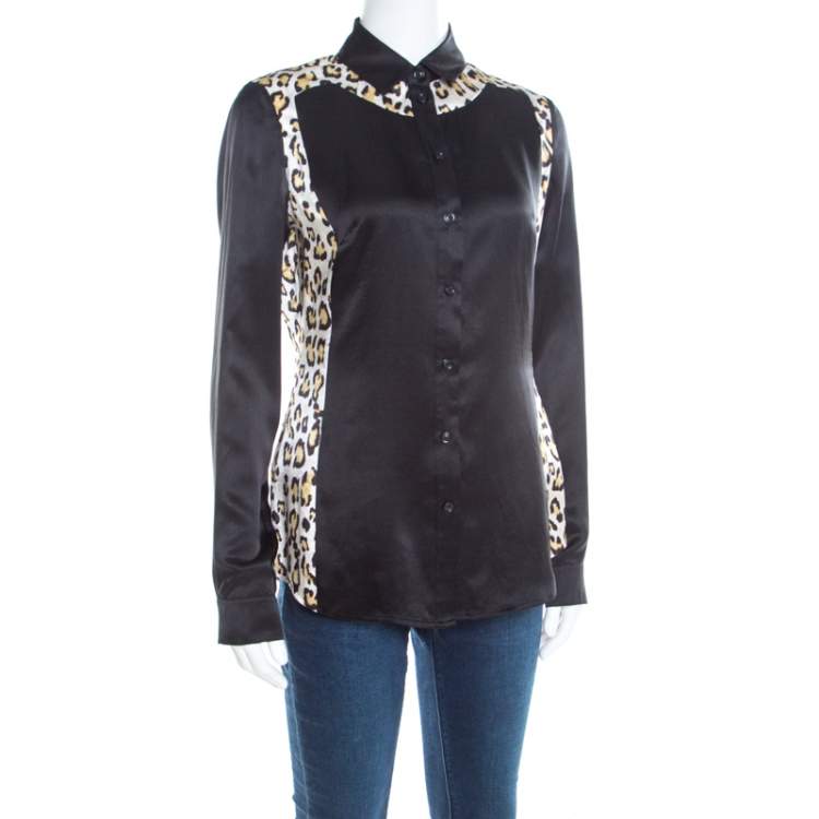 Pre Owned Just Cavalli Black Satin Animal Print Paneled  Long Sleeve Shirt M