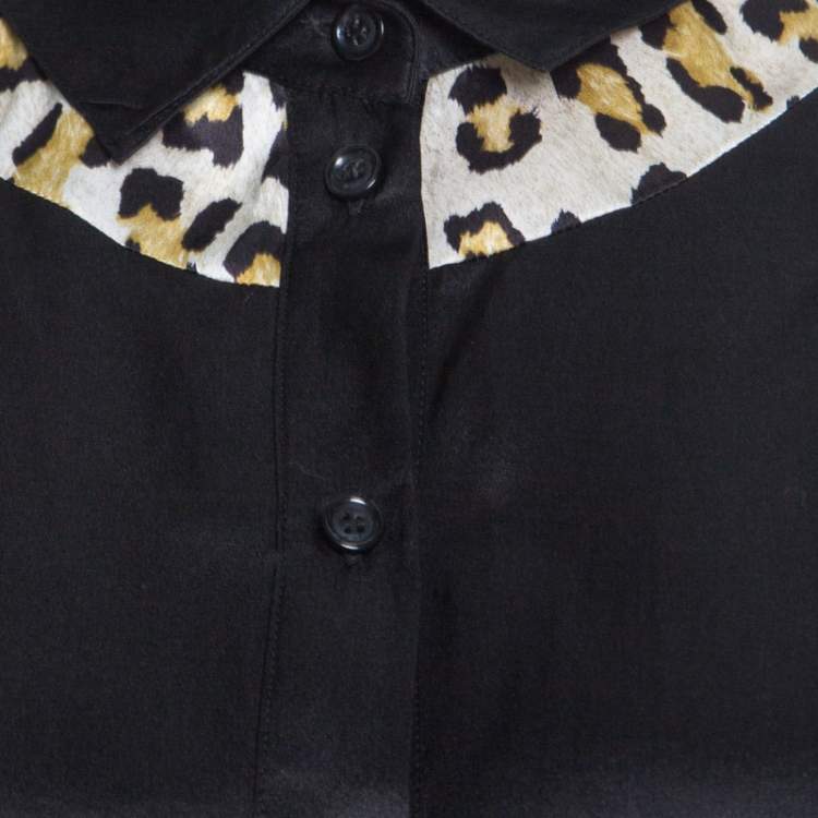 Pre Owned Just Cavalli Black Satin Animal Print Paneled  Long Sleeve Shirt M