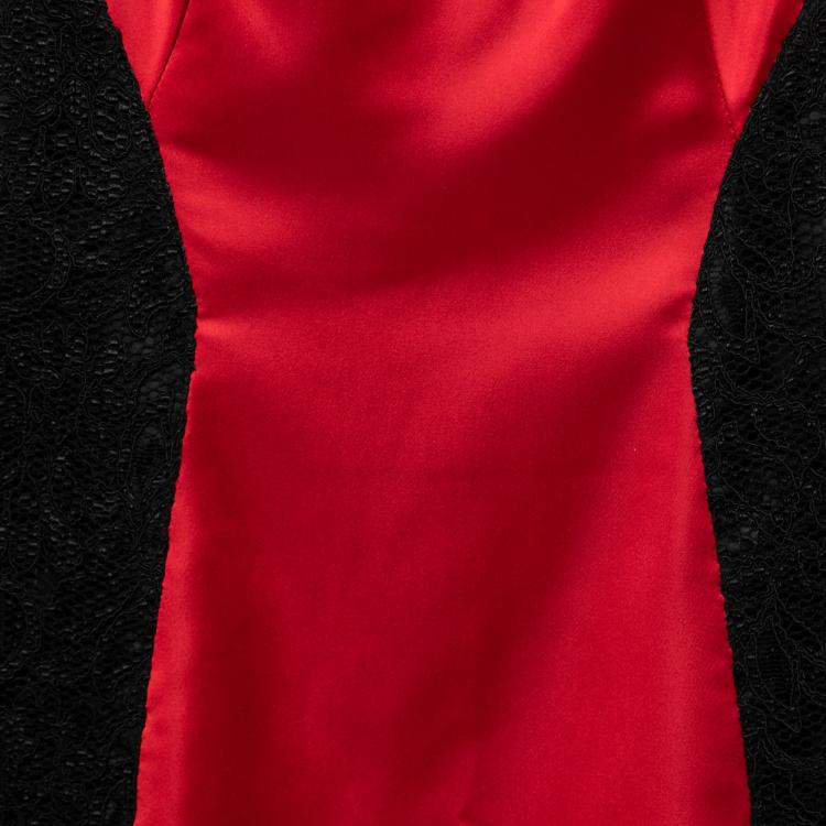 Pre Owned Just Cavalli Dark Red Stretch Satin Contrast Lace Paneled V Neck Sheath Dress S