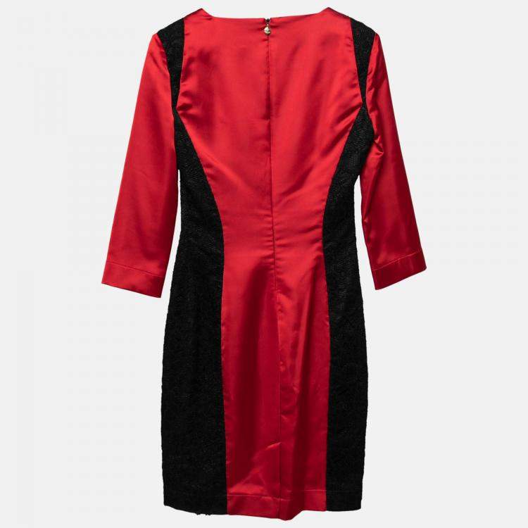 Pre Owned Just Cavalli Dark Red Stretch Satin Contrast Lace Paneled V Neck Sheath Dress S