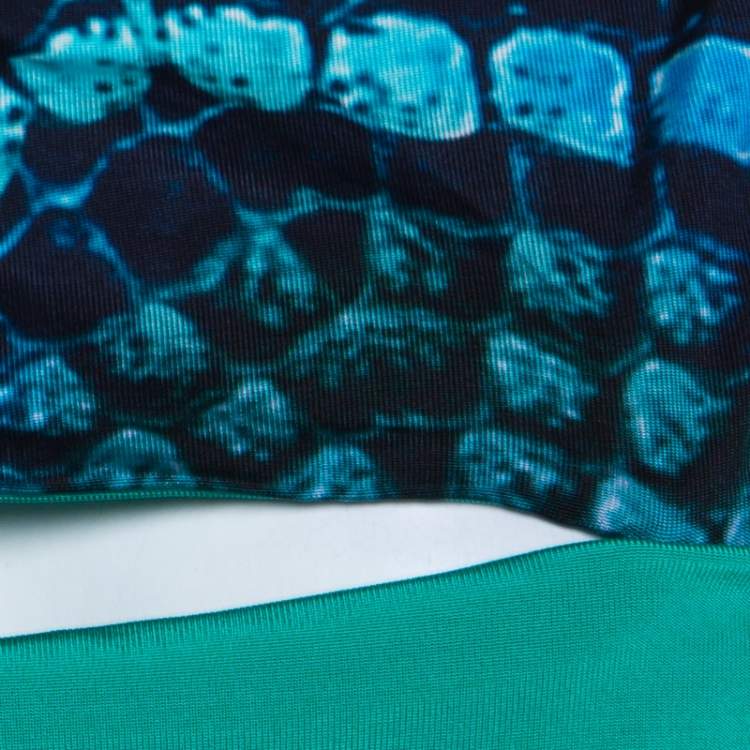 Pre Owned Just Cavalli Green Stretch Knit Snakeskin Print Cut Out Yoke Detail Sleeveless Dress L