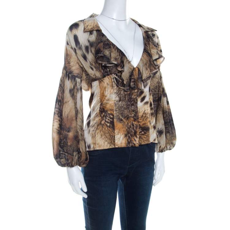 Pre Owned Just Cavalli Brown Leopard Print Chiffon Ruffle Collar Detail Blouse M 