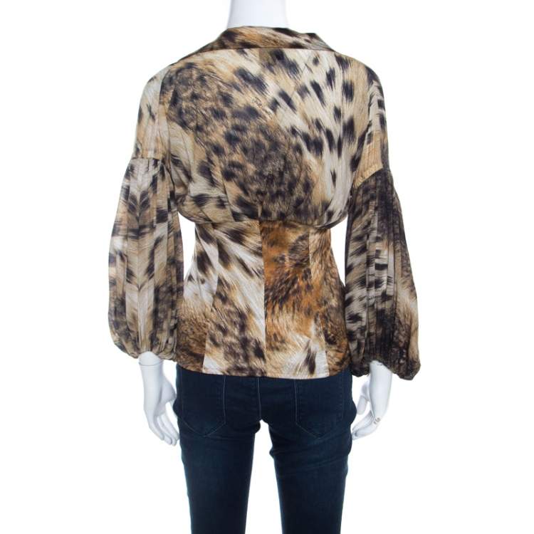 Pre Owned Just Cavalli Brown Leopard Print Chiffon Ruffle Collar Detail Blouse M 