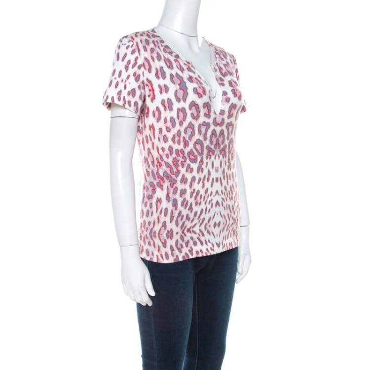 Pre Owned Just Cavalli Multicolor Leopard Print Slit Neck T-Shirt S