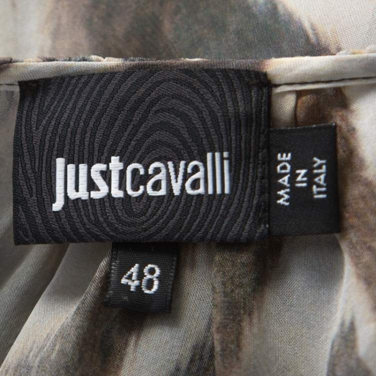 Pre Owned Just Cavalli Cream and Grey Tiger Printed Silk Tie Front Sheer Dress L 