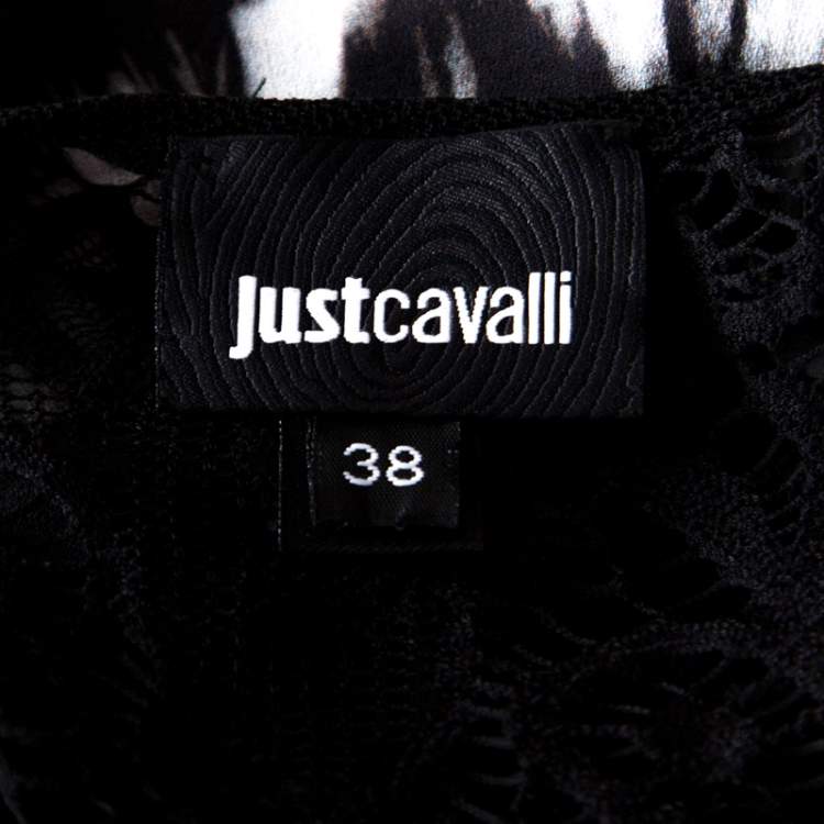 مملوكة مسبقًا Just Cavalli Black & White Chevron Print Lace Trim Long Camisole Top S