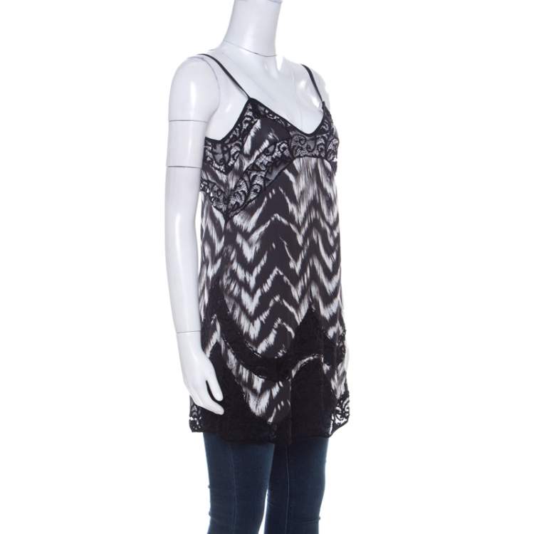 مملوكة مسبقًا Just Cavalli Black & White Chevron Print Lace Trim Long Camisole Top S