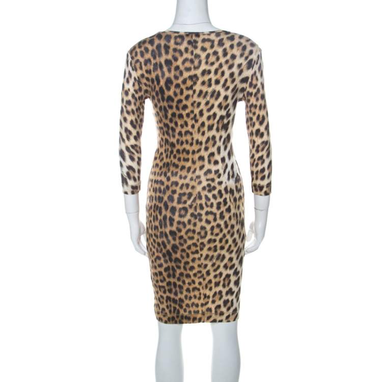 Pre Owned Just Cavalli Multicolor Leopard Print Fitted Three Quarter Sleeve Dress S