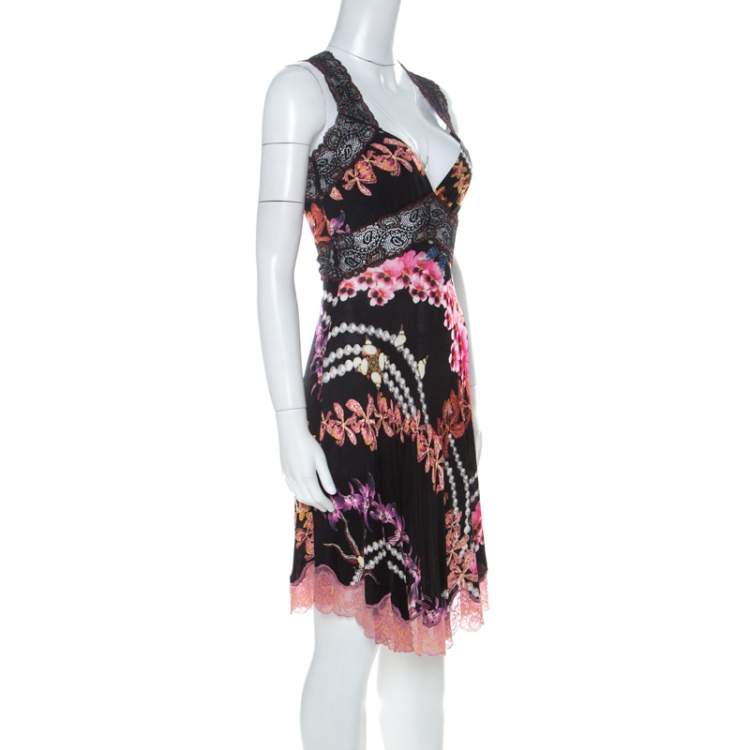 Pre Owned Just Cavalli Black Orchid Print Stretch Lace Trimmed Cross Back Dress M