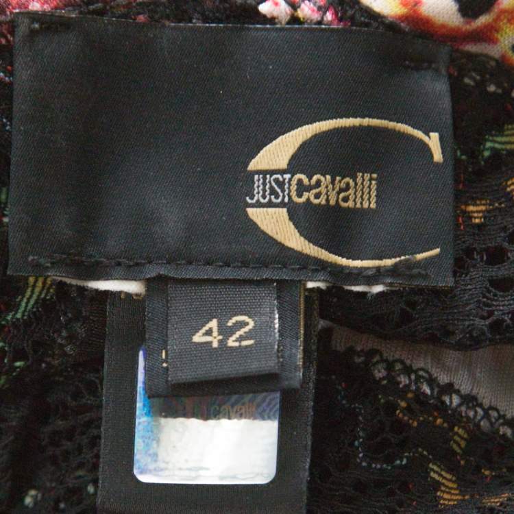 Pre Owned Just Cavalli Black Orchid Print Stretch Lace Trimmed Cross Back Dress M