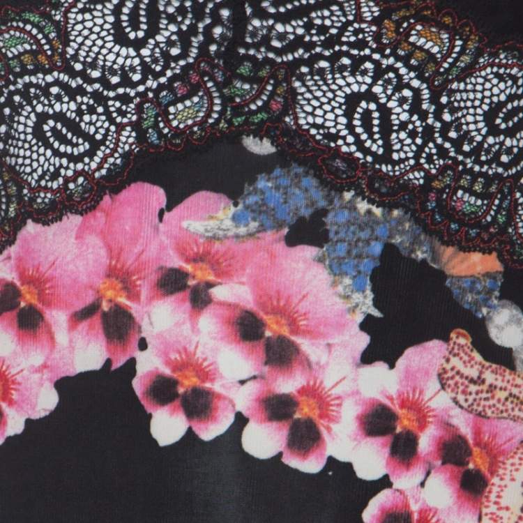 Pre Owned Just Cavalli Black Orchid Print Stretch Lace Trimmed Cross Back Dress M