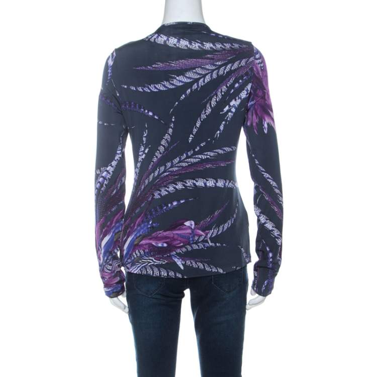 Pre Owned Just Cavalli Navy Blue & Purple Printed Stretch Ruffle Collar Detail Top M