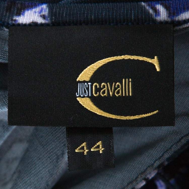 Pre Owned Just Cavalli Navy Blue & Purple Printed Stretch Ruffle Collar Detail Top M
