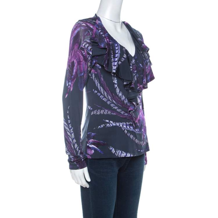 Pre Owned Just Cavalli Navy Blue & Purple Printed Stretch Ruffle Collar Detail Top M
