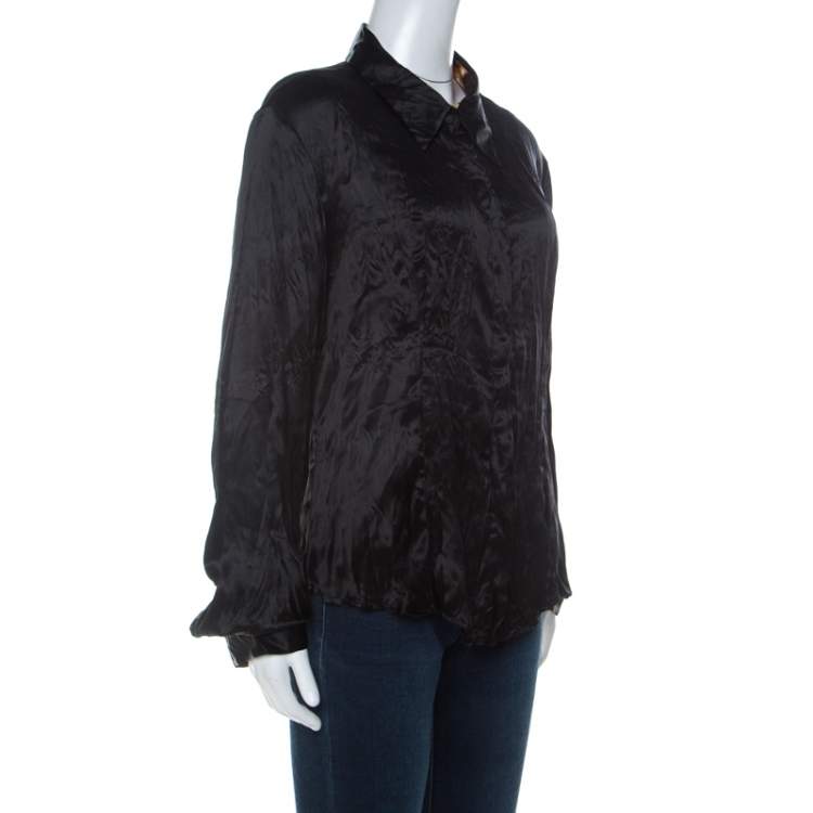 Pre Owned Just Cavalli Black Satin Contrast Collar and Cuff Button Front Shirt L