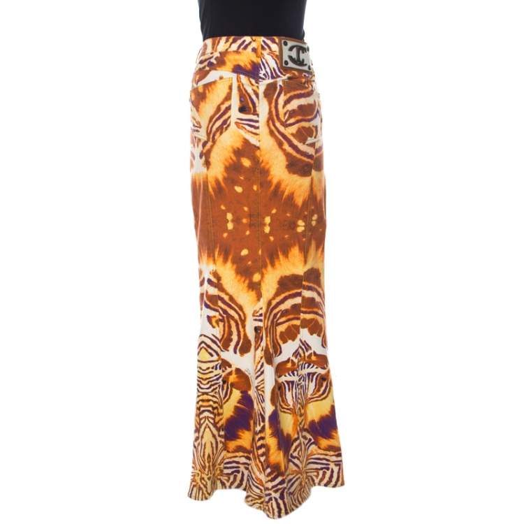Pre Owned Just Cavalli Orange and Purple Animal Printed Denim Maxi Skirt L 