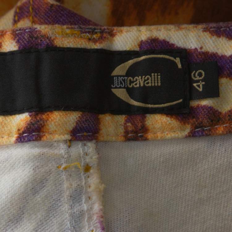 Pre Owned Just Cavalli Orange and Purple Animal Printed Denim Maxi Skirt L 