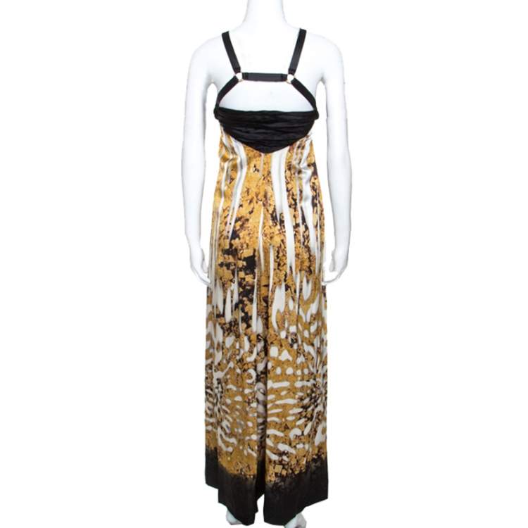 Pre Owned Just Cavalli Multicolor Printed Silk Pleated Bodice Detail Maxi Dress L