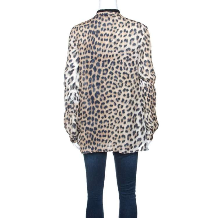 مملوكة مسبقًا Just Cavalli Beige Leopard Print Silk Contrast Trim Detail Blouse S