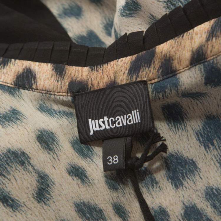 مملوكة مسبقًا Just Cavalli Beige Leopard Print Silk Contrast Trim Detail Blouse S