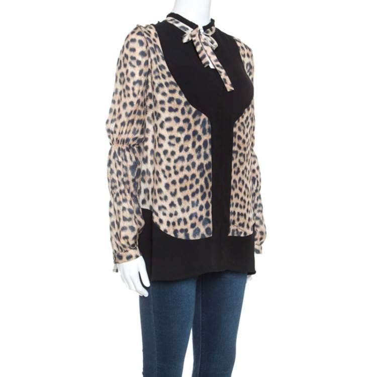 مملوكة مسبقًا Just Cavalli Beige Leopard Print Silk Contrast Trim Detail Blouse S