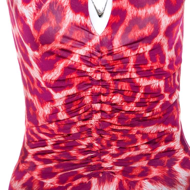 مملوكة مسبقًا Just Cavalli Red Leopard Print Ruched Detail Top S