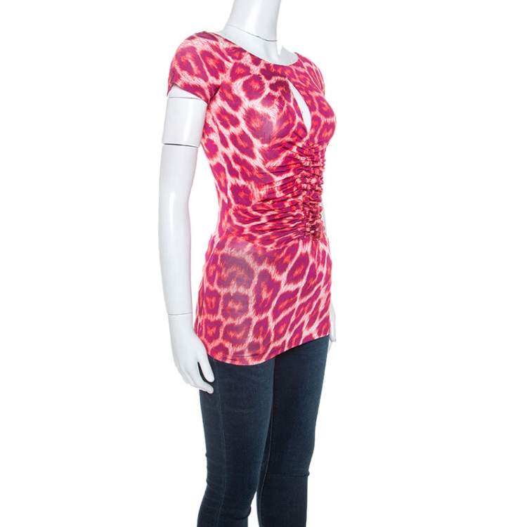 مملوكة مسبقًا Just Cavalli Red Leopard Print Ruched Detail Top S