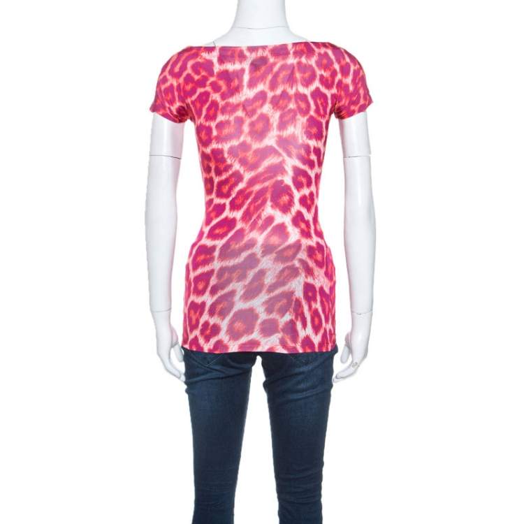 مملوكة مسبقًا Just Cavalli Red Leopard Print Ruched Detail Top S