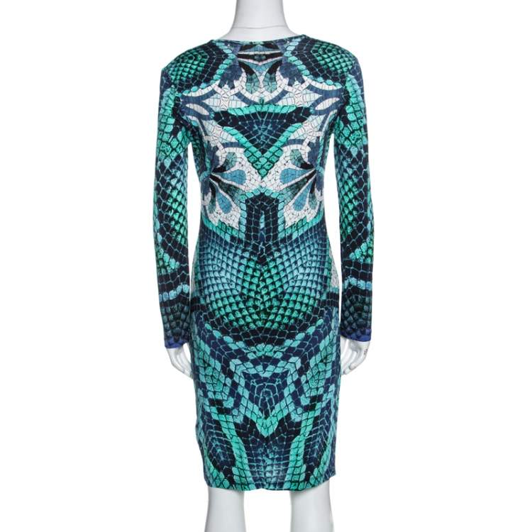Pre Owned Just Cavalli Blue Snake Print Stretch Knit Long Sleeve Dress L