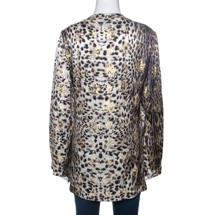 Pre Owned Just Cavalli Beige Leopard Print Silk Lurex Jacquard Detail Blouse M