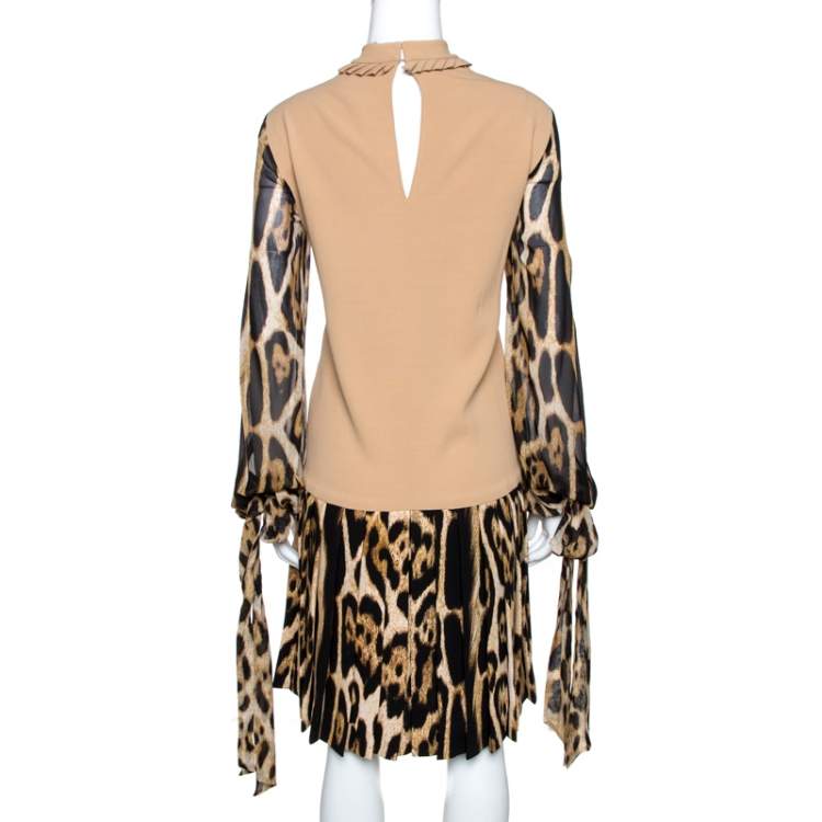 Pre Owned Just Cavalli Beige Crepe Paneled & Pleated Midi Dress M