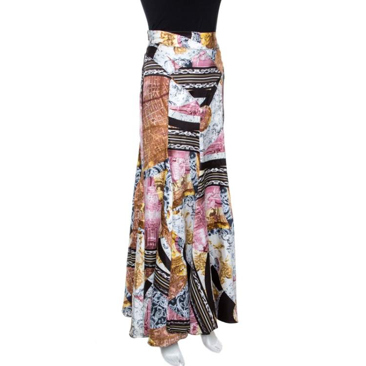Pre Owned Just Cavalli Multicolor Printed Satin Flared Maxi Skirt M