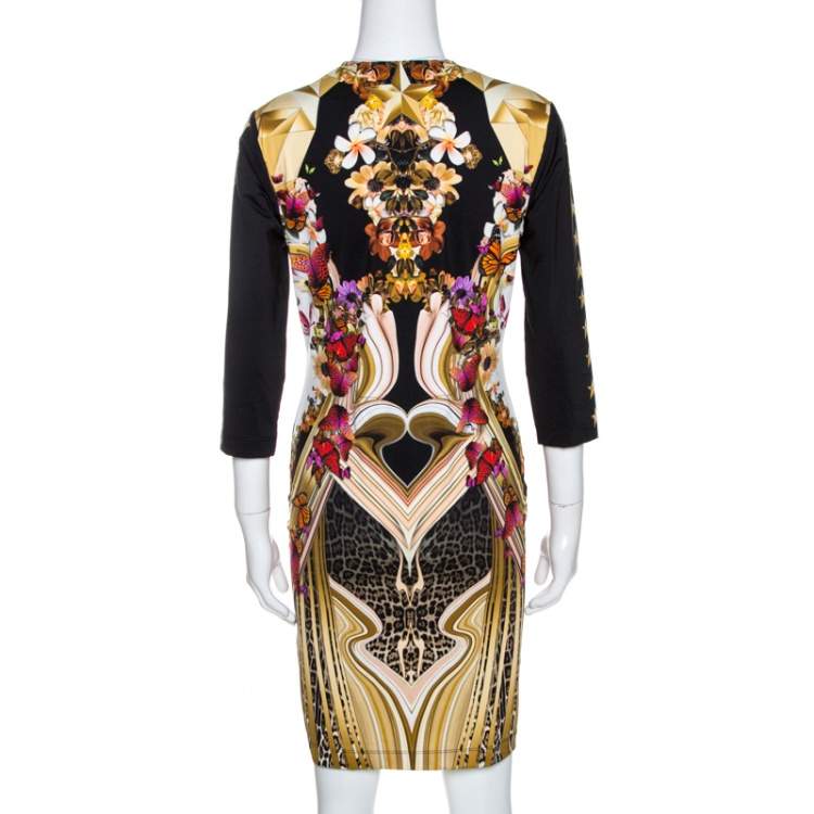 Pre Owned Just Cavalli Black Leo Butterfly Print Jersey Fitted Dress L