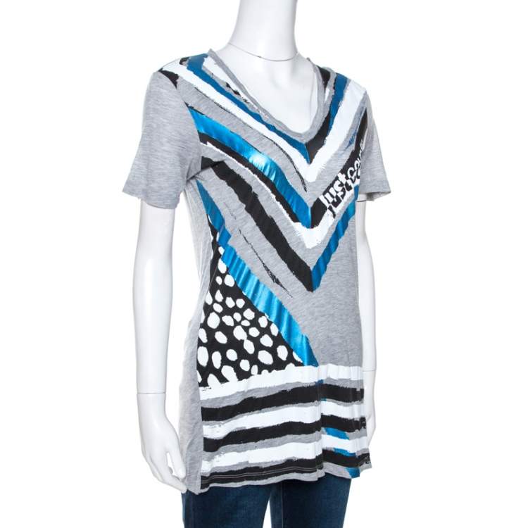 Pre Owned Just Cavalli Grey Graphic Logo Print Modal T-Shirt M