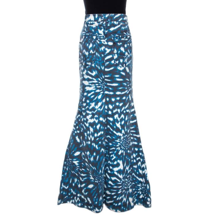 Pre Owned Just Cavalli Grey & Blue Abstract Print Denim Maxi Skirt L