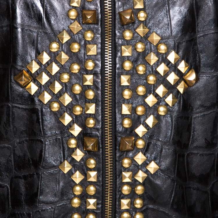 Pre Owned Just Cavalli Black Embossed Leather Studded Zip Front Jacket S