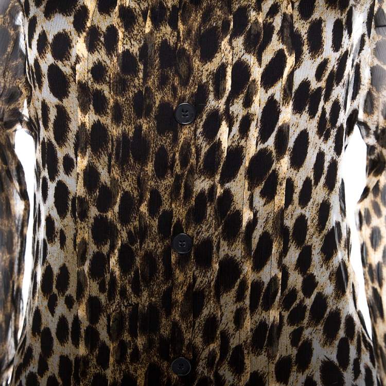Pre Owned Just Cavalli Brown Leopard Printed Chiffon Rib Trim Detail Top M 