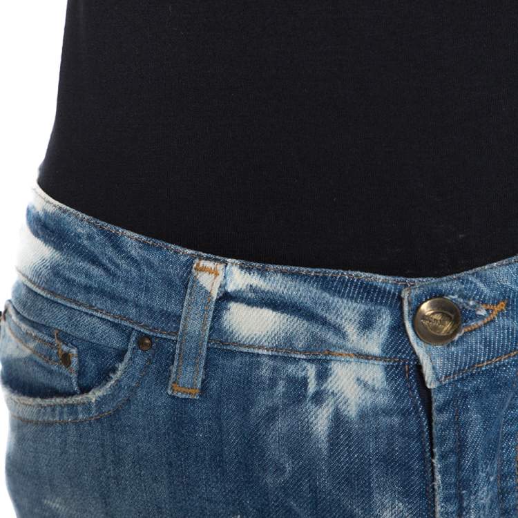 Pre Owned Just Cavalli Blue Acid Washed & Distressed Denim Straight Fit Jeans S