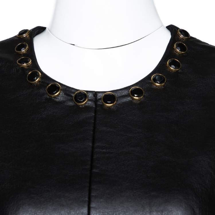 Pre Owned Just Cavalli Black Faux Leather Embellished Neck Dress L