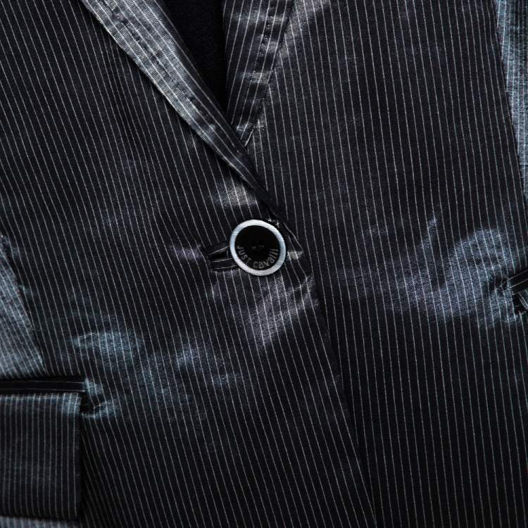 Pre Owned Just Cavalli Black Striped Cotton Ramie Blend Single Buttoned Blazer L