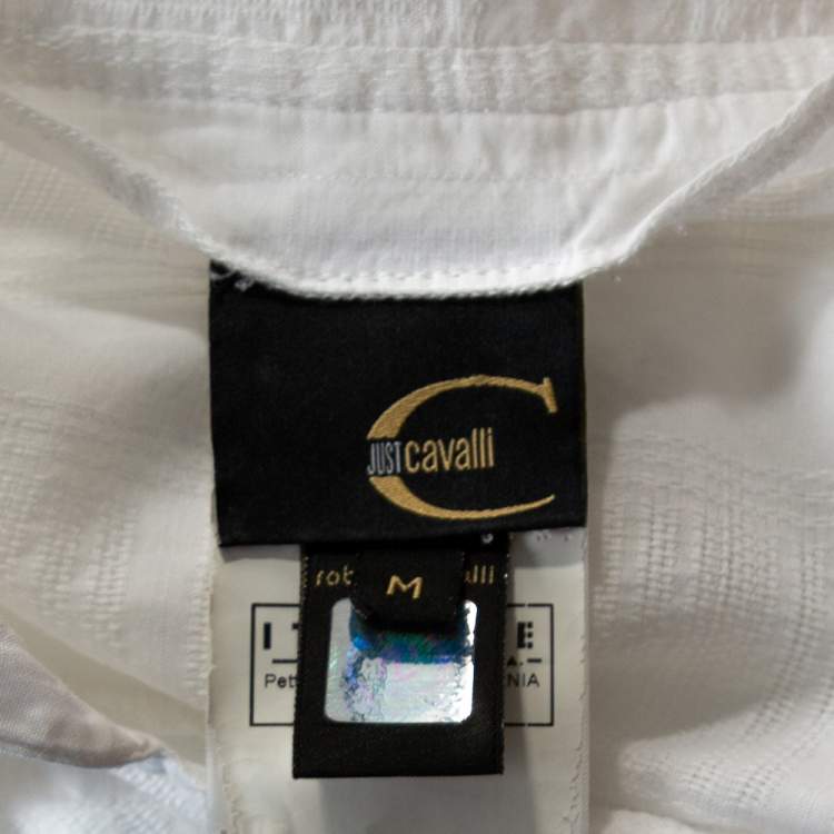 مملوكة مسبقًا Just Cavalli White Textured Cotton Printed Trim Tunic Top M