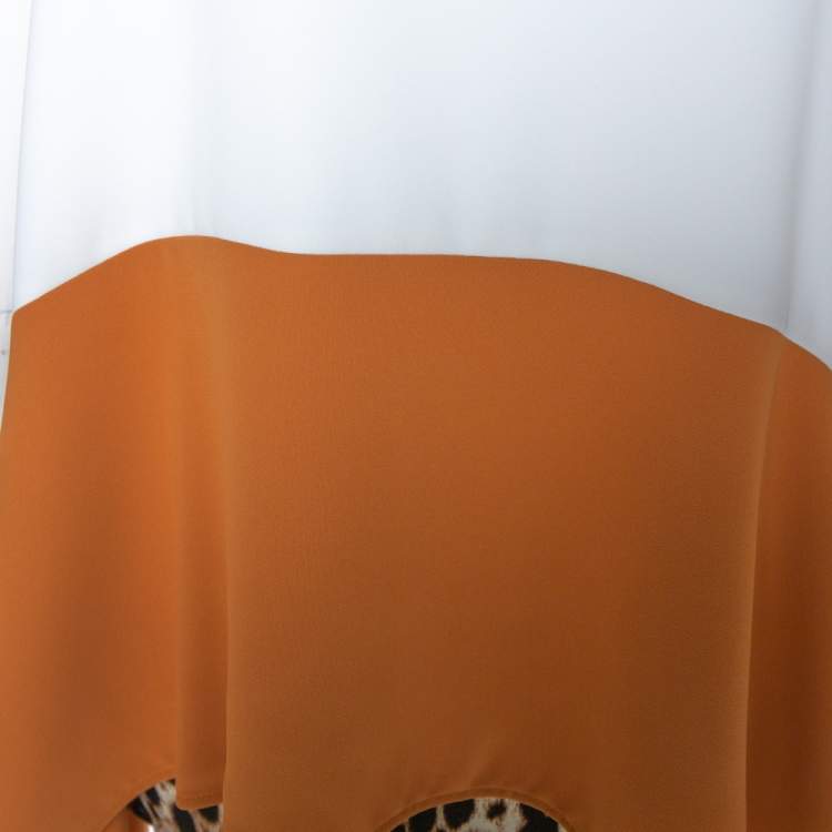 مملوكة مسبقًا Just Cavalli White & Tan Colorblock Crepe Leopard Printed Trim Oversized Dress S 