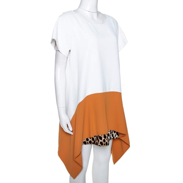 مملوكة مسبقًا Just Cavalli White & Tan Colorblock Crepe Leopard Printed Trim Oversized Dress S 