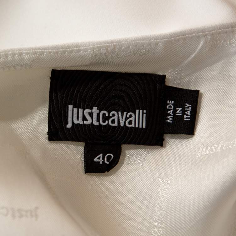 مملوكة مسبقًا Just Cavalli White & Tan Colorblock Crepe Leopard Printed Trim Oversized Dress S 