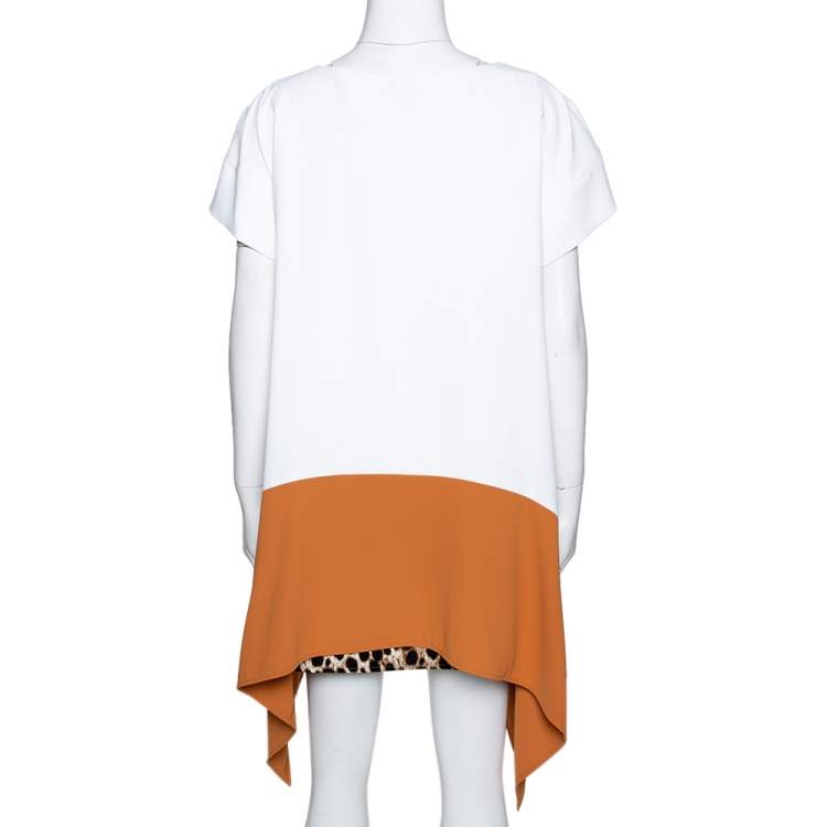 مملوكة مسبقًا Just Cavalli White & Tan Colorblock Crepe Leopard Printed Trim Oversized Dress S 